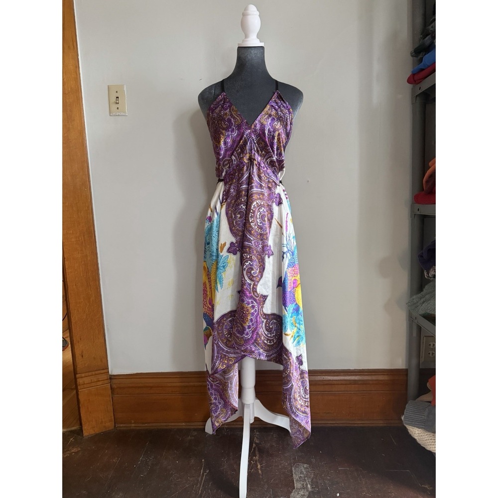 Satin Vintage Midi Halter Bird Print Boho Indie Dress Scarf Print Paisley Maxi M